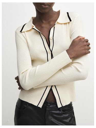 Image of GORGLITTER Women's Contrast Trim Button Down Sweater Cardigan Long Sleeve Collar Rib Knit Tops