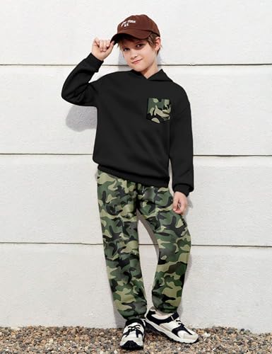 Image of KANGKANG Boys Clothes Two Piece Long Sleeve Hooded Sweatshirt Top Camouflage Sweatpants Fall Outfits Winter Clothes Set 6-16Y