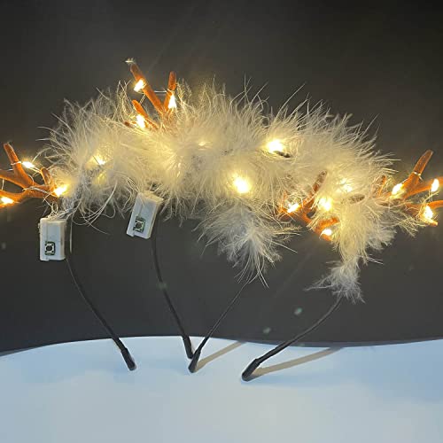 Carufin 2PCS LED Christmas Glowing Feather Hairband Light up Antlers Headbands Party Hair Accessories for Women - Image 3