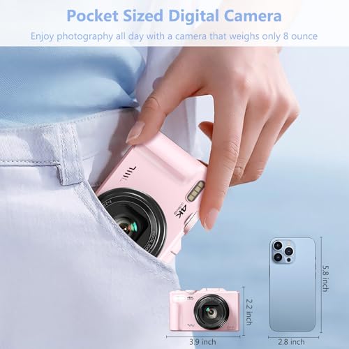 Image of VJIANGER 4K Digital Camera for Photography, 64MP Vlogging Camera for YouTube with 3 180 Flip Screen, 18X Digital Zoom Point and Shoot Camara with 32GB Micro SD Card for Beginner (Light Pink)