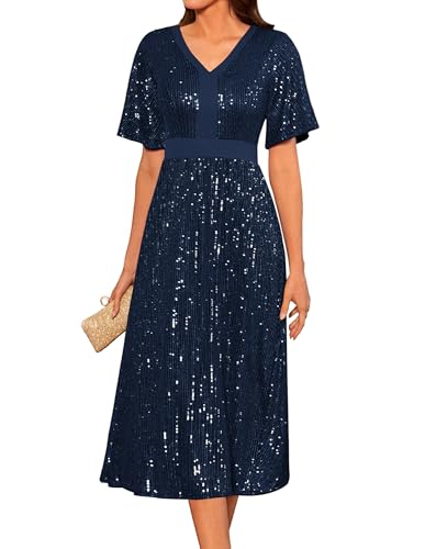 GRACE KARIN Kurzarm Abendkleid V-Ausschnitt Swing Cocktailkleid Elegant Paillettenkleid A-Linie Faltenrock Casual Freizeitkleid M Marineblau
