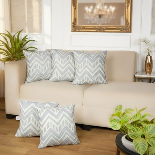 Image of STITCHNEST 'QuadraNest' Series Printed Quilted Velvet Cushion Cover 16x16 Inch Set of 5 | Premium Soft Fabric, Washable & Fade Resistant | Decorative Living Room Cushion Covers | Grey & Ivory Zigzag