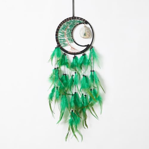Dreamlike Moon Dream Catchers Wall Decor Crescent Tree of Life Chakras Dream Catcher with Agate & Crystal Stone Handmade Green Feather Dreamcatchers Wall Hanging for Girls Bedroom Blessing Gift