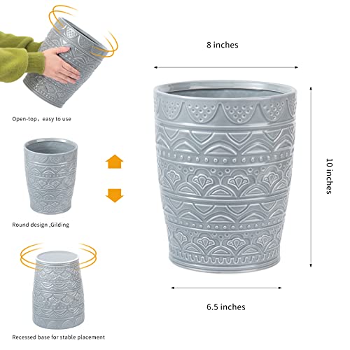 Image of Round Ceramic Small Trash Can Wastebasket, Garbage Container Bin for Bathrooms, Powder Rooms, Kitchens, Home Offices - Durable - Grey