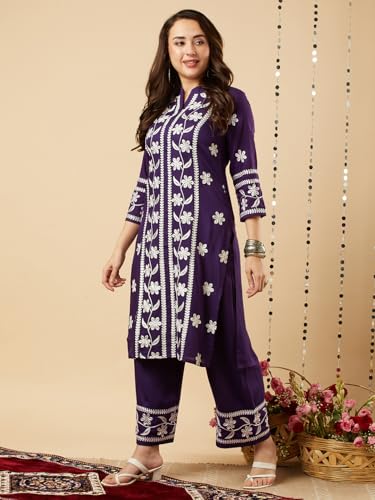 Image of GoSriKi Women's Cotton Blend Straight Chikankari Embroidered Kurta with Palazzo Set