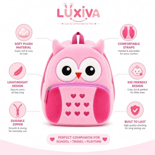 Image of Cartoon Plush Kids School Bag 2-6 Years | Soft Toy Backpack for Boys & Girls | Toddler Nursery Preschool Bag | Lightweight Adjustable Straps