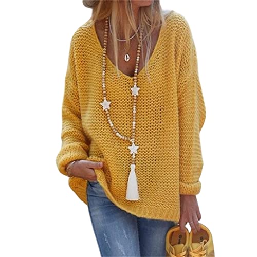 vreplrse Mujeres suéter Casual con Cuello en V Color sólido Ladies Pullover Lightweight Jumpers Cómodo Ocio Mujer Tops Suéteres, L, Amarillo Cover