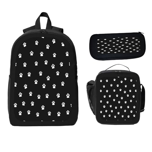 3PCS Backpack for Women Men With Lunch Box Pencil Bag 17 Inch Lightweight Adjustable Strap Back Pack 3 In 1 Set White Paw Print Casual Daypack Unisex Fit Travel Work Camping