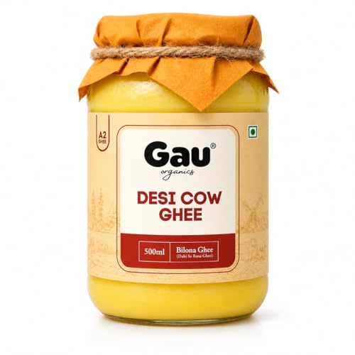 Image of Gau Organics Cow Ghee, Pure and Natural, Hand Made Curd Churned Desi Ghee, Gluten Free, Lactose- Free Cow Ghee, No Preservatives and Chemical-Free Organic Ghee (500 ML)