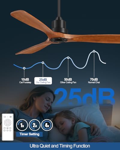 Image of Ceiling Fans With Remote Control, Outdoor Ceiling Fan for Patios Indoor, 3 Downrods, 3 Blades, Timer, 6 Speed Reversible Quiet DC Motor Modern Fan Solid Wood Fan, 52in, Brown