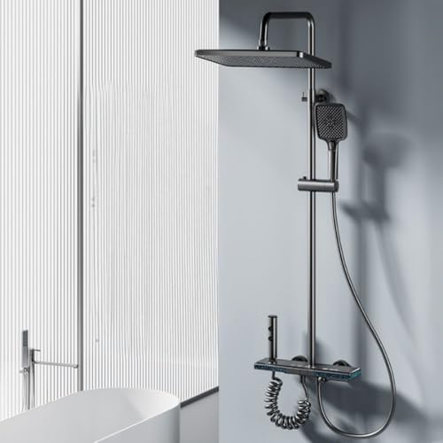 Image of Jaaz Thermostatic Piano Shower Set for Bathroom with Rainfall Showerhead, Waterfall Outlet, Hand Shower & Temperature Display - Matte Black (Moonlit)