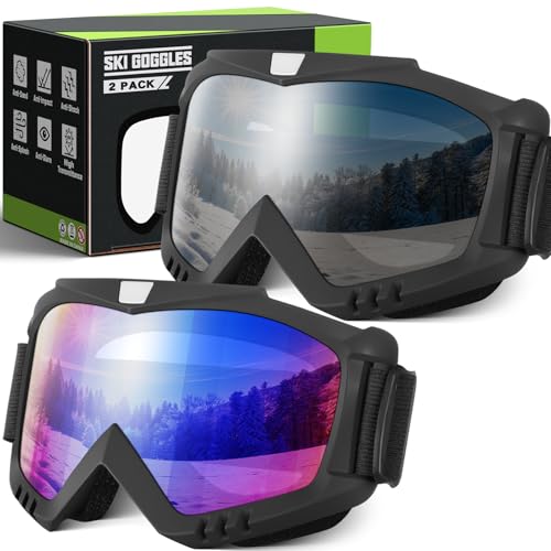 YENPK Ski Goggles Men Women, 2 Pack Snowboard Goggles UV Protection Anti Fog OTG Snow Goggles for Snowmobile Skiing Skating