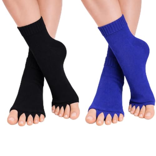 Image of Foot Alignment Orthopedic Cotton Socks for Men & Women | Five Toe Separator | Foot Pain Relief | Bunion Corrector | Plantar Fasciitis Support |Free Size | Black-Royal Blue | 2 Pair | UK8-11