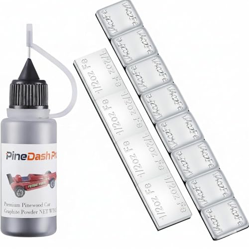 pinedash pro Pinewood Weights Kit-Pinewood Car Weights&Graphite Powder-4OZ 12 Pieces 2 Sizes Derby Weights-0.5OZ Graphite Lubricant for Derby car Pine Derby Car Wheels Axles Speed