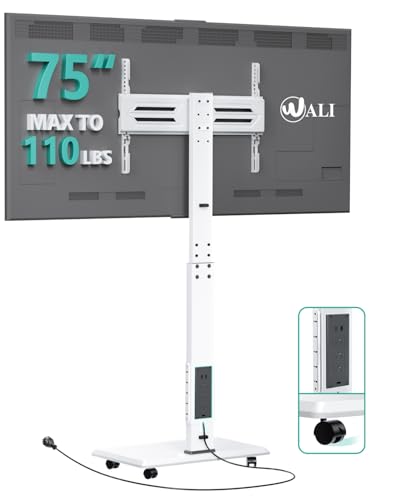 Image of WALI Rolling TV Stand with Power Outlet, Mobile Tall TV Stand Mount on Wheels for 39-75 inch TV up to 110 lbs, Swivel Height Adjustable TV Cart with Wood Base for Bedroom(TVDVD-7PRW), White