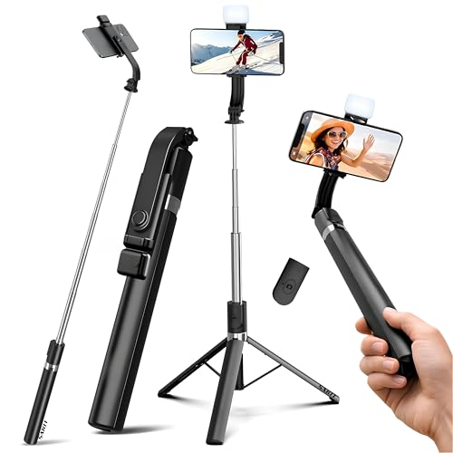 Image of Sakit Selfie Stick Tripod with Light, 67 inch /170CM Reinforced Tripod for Mobile Phone, Multi-Functional Bluetooth Long Selfie Stick for Travel,Vlogging,Compatible with iPhone and All Smartphones