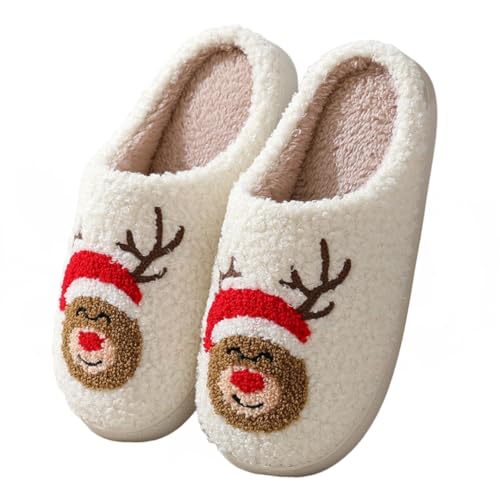 Snugeasy Christmas Slippers Reindeer for Womens Mens Soft Plush Comfy Warm Fuzzy Slippers Red Moose Santa Claus Indoor Outdoor Slip On House Slippers Christmas Gifts, Christmas Reindeer, 5.5-6