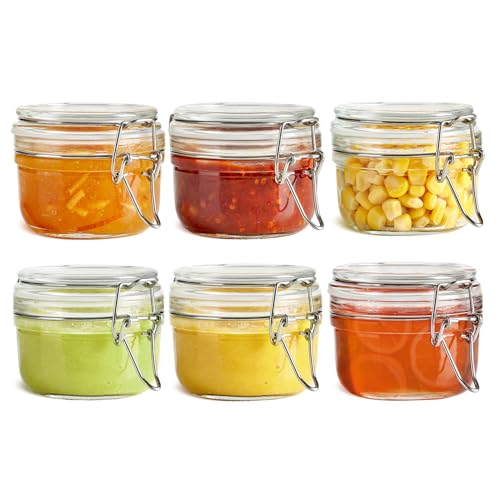 ComSaf 4oz Small Airtight Glass Jars Set of 6 with Lids Food Storage Jar Round, Mason Jar, Mini Storage Container with Clear Preserving Seal Wire Clip Fastening for Kitchen Canning, Jam, Spice, Honey