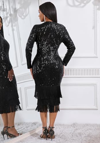 Image of Cololura Sexy Elegant Women Sequin Long Sleeve Tassel Bodycon Midi Dress Party Evening Gown Formal Dress