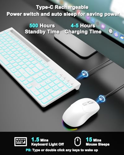 Image of Wireless Keyboard and Mouse Combo, 7 Backlit Effects, Light Up Letters, Rechargeable, Phone Holder, 6 Button Mouse, Ergonomic Tilt Angle, 2.4GHz Silent USB Keyboard Mouse for Laptop, PC