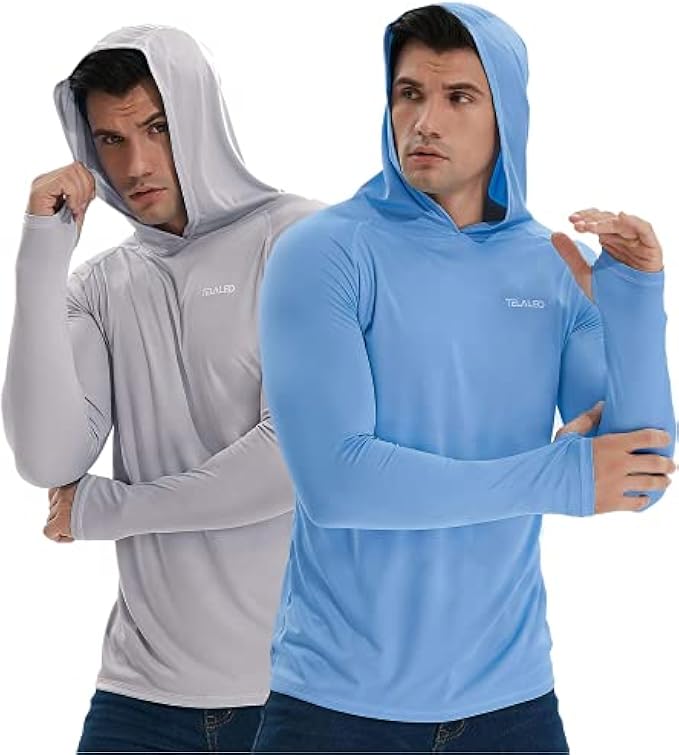 TELALEO 3 or 2 Pack Men's UPF 50+ Sun Protection Lightweight Hoodie Long Sleeve SPF UV Shirt For Fishing Hiking