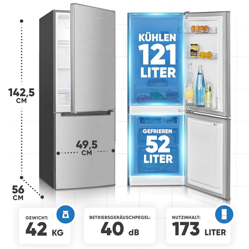 Bomann Kühlschrank mit Gefrierfach 143cm hoch | Kühl Gefrierkombination 173L mit 3 Ablagen & 3 Schubladen | Türanschlag wechselbar | leise Kühlgefrierkombi 40db | Kühlschrank KG 7359 inox – Bild 6