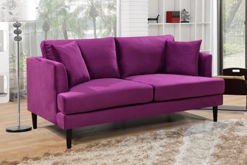 Plush Purple Velvet 3 Seater Sofa in Durable Fabric & Solid Wood Frame with Accent Cushions , Removable Seat & Back Cushions – Compact 170 cm Living Room Bedroom Couch for Small Spaces Apartments