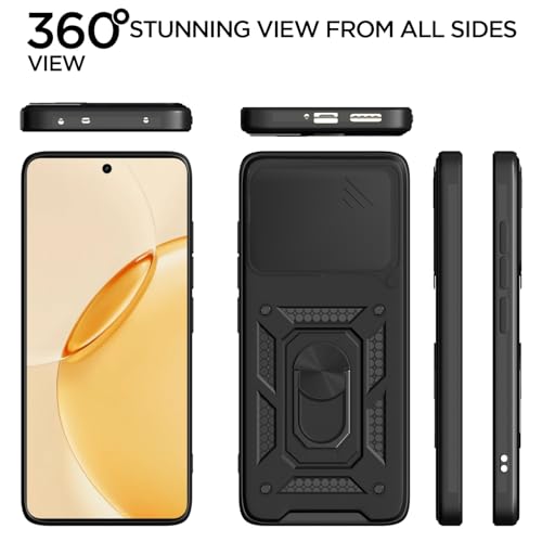 Image of Pikkme Back Cover for Realme 16 Pro Plus 5G | 360 Protection Case | Sliding Camera Shield Cover & Ring Holder Stand D10 Tough Armor Bumper Case (Black)