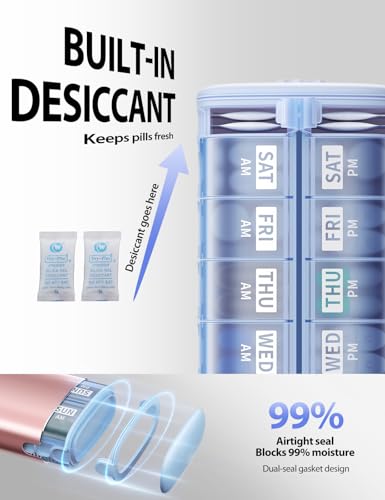 Image of Vaydeer Metal 7 Day Pill Organizer 2 Times a Day - AM PM Weekly Travel Pill Case with Moisture-Proof Desiccant, Airtight Large Capacity Pill Box for Vitamins, Medications & Supplements (Rose Gold)