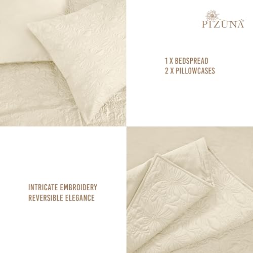 Image of Pizuna Luxurious Cotton Bedspread with 2 Pillow Covers, 400 Thread Count Long Staple Quilted Bed Spread with Soft Polyfill 102X102 Inch Embroidered Cover for Super King Bed, New Ivory