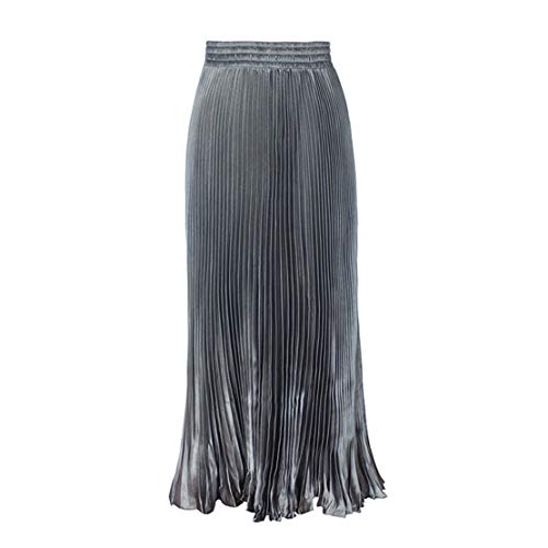 CHARTOU Womens Chic Elastic High Waisted Metallic Pleated Accordion Flowy Swing Maxi Long Skirt (Grey, one Size)