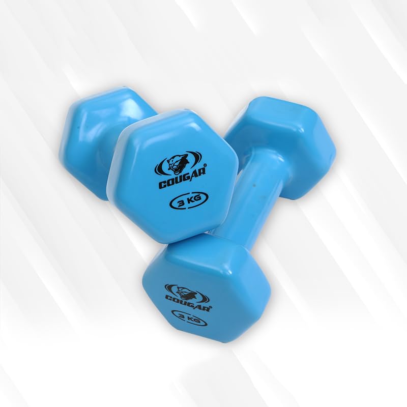COUGAR Vinyl Hexa dumbbells, Vinyl coated hex shape dumbbells, Dumbbell set for Fitness, Strength Training & Home Gym Exercise 1 Pair (Multicolor (3Kg x 2Pcs))-image-45