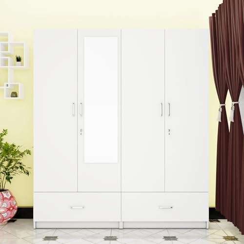Image of VIKI Wardrobe | Wooden Almirah for 4 Door Wardrobe with 2 Split Drawer & Hanging Space with Mirror (Frosty White - 40D x 160W x 180.8H) | 1 Year Warranty | Free Assembly
