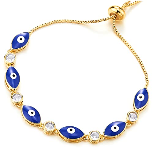 Kvinnor Guldfärg Box Chain Armband med Länk av Blå Evil Eye och Cubic Zirconia Charms, Justerbar