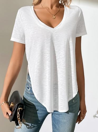 Remidoo Women's Side Split Tees V Neck T Shirt Curved Hem Sheer Top Short Sleeve Loose Shirts3