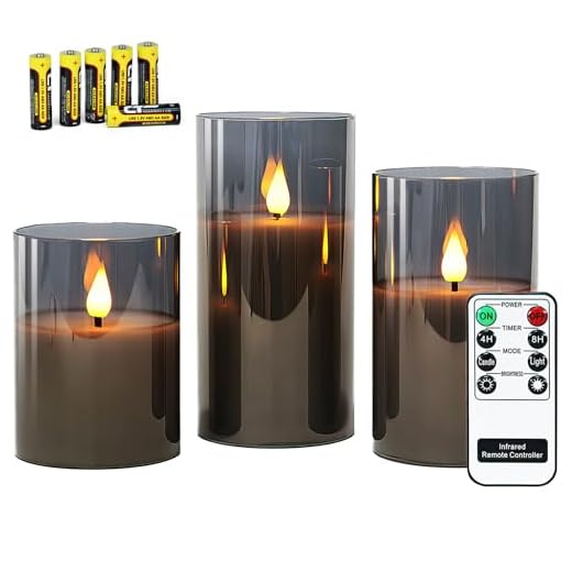 Rhytsing Batteridrift i grått glas med fjärrkontroll, flamlöst LED-ljus presentpaket, varmt vitt ljus, batterier ingår – set med 3