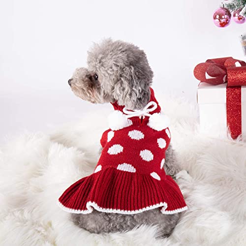 KYEESE Red Dog Sweaters Dress with Leash Hole Polka Dot Dog Sweater Knit Warm Doggie Sweaters with Pom Pom Ball for Fall… - Image 3