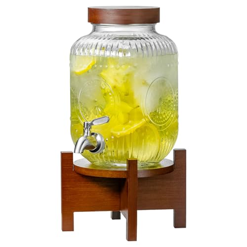 1 Gallon Glass Drink Dispenser with Acacia Wood...