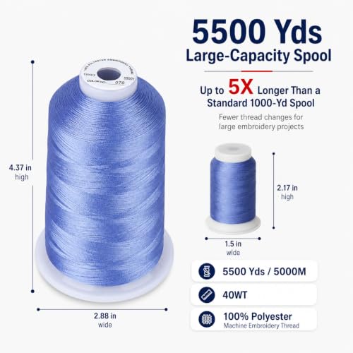 Image of Simthread 5000M 40WT Polyester Embroidery Thread, Corn Flower Blue 070 | 5000M 40WT polyester thread feeds smoothly for machine embroidery, monograms, logos, patches and quilting.