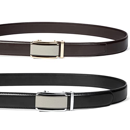 Image of 2 Pack Ratchet Belt 1 3 /8 inch, Mens leather Dress Belt in Gift Set Size 28 inch-62 inch Adjustable waist Trim to Fit