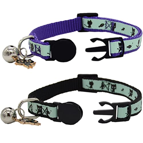 Image of 2 Pack Glow in The Dark Cat Collar with Bell Breakaway Safety Cat Puppy Collars with Pendant Purple and Black