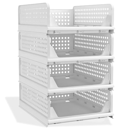 SMALL 19.9L | H14cm | 4 Pack Stackable Wardrobe Storage Drawers – L43×W33×H14 cm each – Foldable Plastic Closet Organiser Baskets for Bedroom Bathroom Kitchen – Space-Saving Bedroom Storage, White