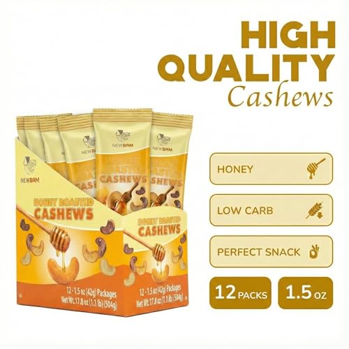 Image of NEWBAM Honey Roasted Cashews - 12 Individual Packs (1.5oz) - Real Honey | No corn syrup coating. 7g protein, Gluten-Free. From Binh Phuoc, Vietnam.