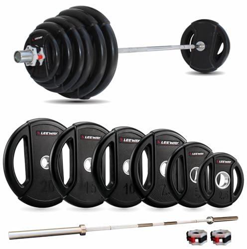 Image of Leeway Olympic Barbell Rod with Plates (120kg Set) | 7ft Chrome Otis Bar 20kg + Weight Plates | 51mm Rubber Coated Olympic Plate | Home Gym Weight Lifting Combo (2.5kgX2+5kgX2+7.5kgX2+10kgX2+15kgX2+20kgX2)