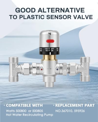 Image of Adjustable Temperature Bypass Sensor Valve Kit for Instant Hot Water Recirculating System, 304 Stainless Steel Replacement for the Plastic Bridge Valve, Compatible with 500800, 500805