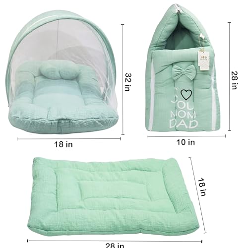 Image of Fareto Newborn Baby 100% Muslin Cotton Sleeping Bag & Mosquito Net &Hand Carry Bed | Safe, Soft & Portable Baby Bed | Baby Bedding Set(0-1 Year) (M Green)