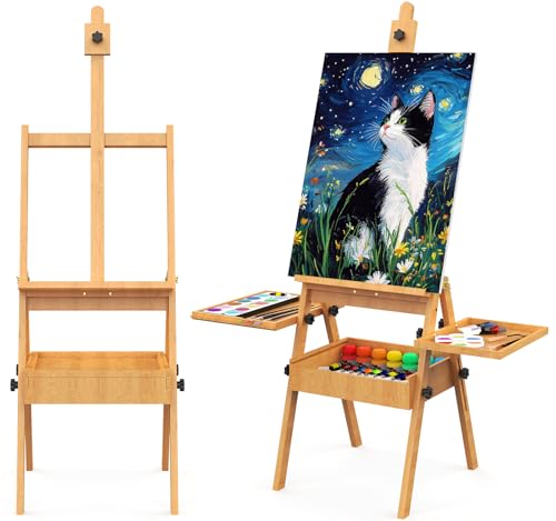 Large Beech Wood H-Frame Easel, Painting Easel for Adults with Storage Box and Palette, Multi-Function Studio Easel, Professional Foldable Artist Easel Stand for Painting, Holds Canvas Art up to 36'