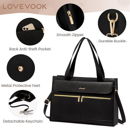 Lovevook Laptop Bag For Women 15.6 Inch Laptop Tote Work Bag Professional Leather Computer Briefcase Waterproof Handbag Shoulder Bag Large Capacity Business Teacher Office Bag Crossbody Purse,Black thumb #2