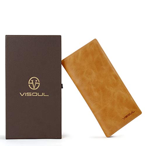 Image of VISOUL Leather Checkbook Cover Wallet for Men with RFID Blocking, Mens Long Bifold Cash Tall Wallet with 11 Credit Card Slots 1 ID Window (Tan)