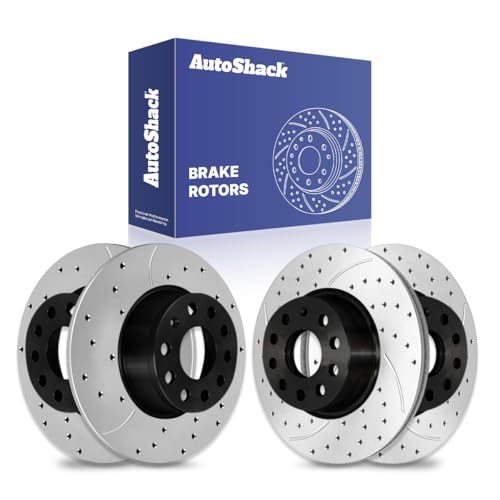 AutoShack Front Vented & Rear Solid Drilled & Slotted E-Coated Brake Rotors 4-PC Set Replacement for 2005-2018 Volkswagen Jetta 2012-2022 Volkswagen Passat 2015-2020 Audi A3 ShadowGuard